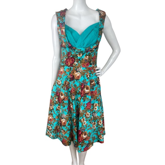 NWT Lindy Bop Ophelia Green Turquoise Garden Floral Party Swing Dress Sz Medium - Picture 7 of 17